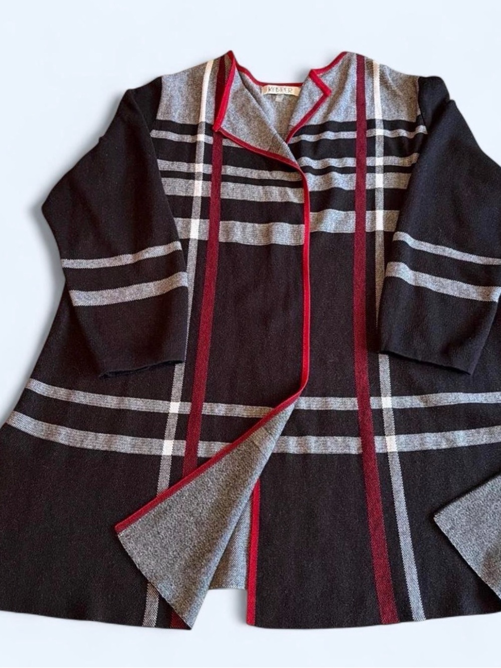 Women’s 2X cardigan by KASPER. Black/red/gray spacious plaid, cotton blend.